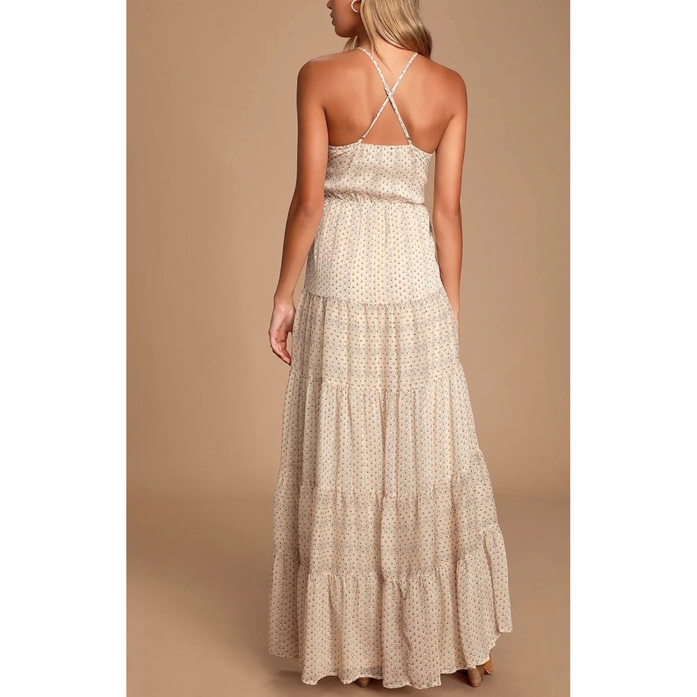 Lulus Sz M Brea Cream Floral Print Tiered Chiffon Maxi Dress Cottage Brunch Boho - Picture 5 of 11
